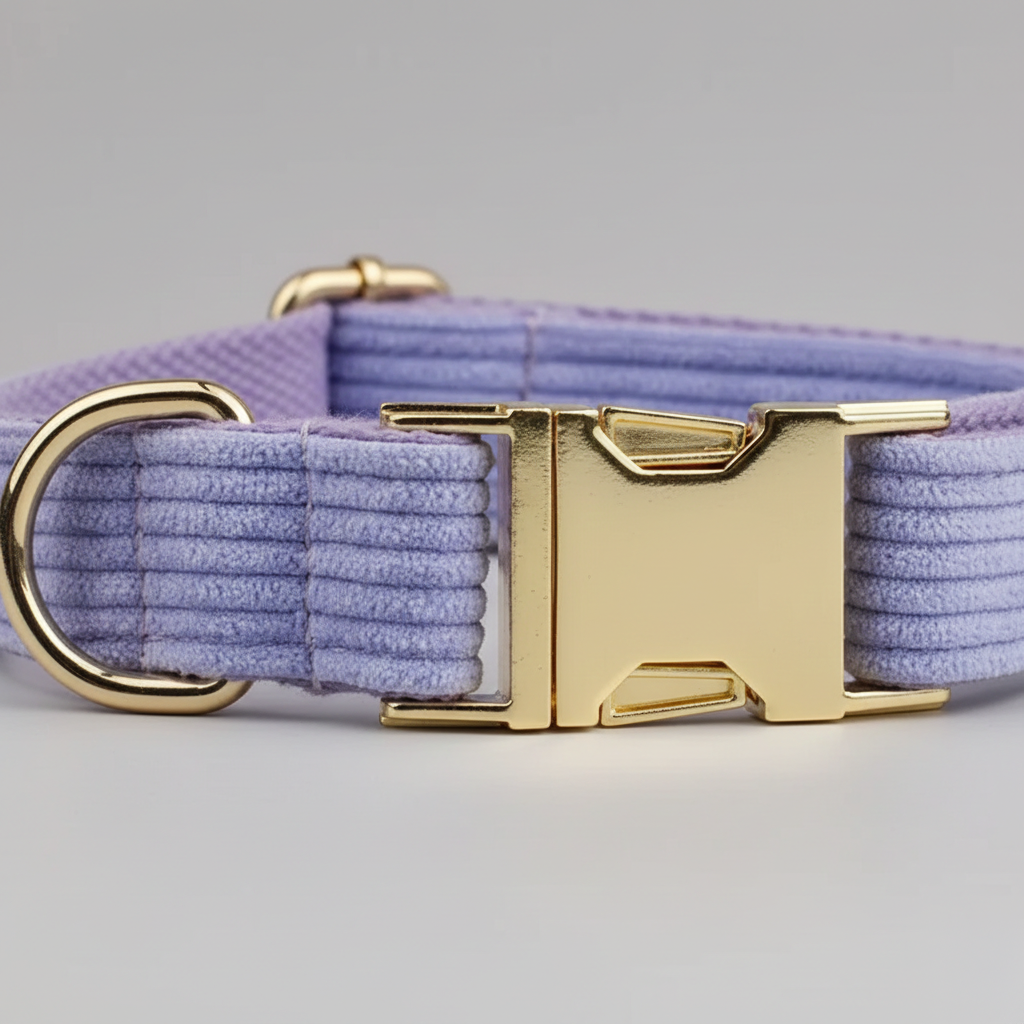 Purple dog collar with a gold buckle on a light gray background