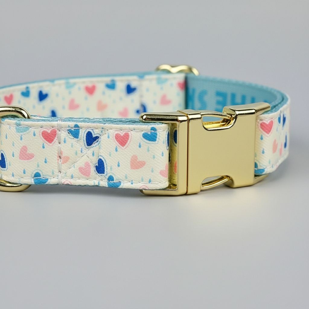 Dog collar with heart pattern and gold buckle on a gray background