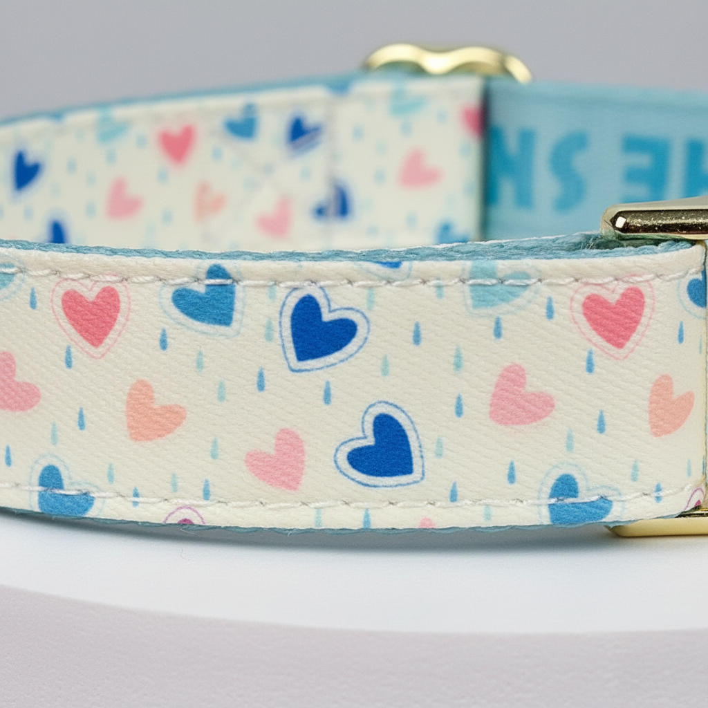 Dog collar with heart pattern on a light gray background