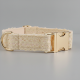 Beige dog collar with gold buckle on a gray background
