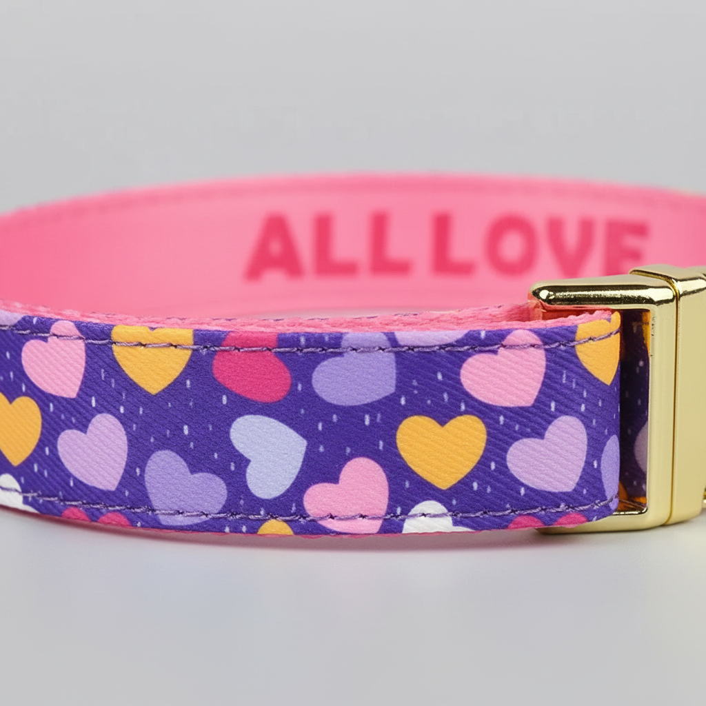Dog collar with colorful heart pattern and pink band displaying 'ALL LOVE' on a gray background