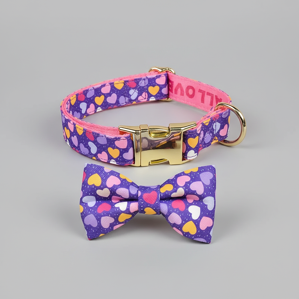 Dog collar and bow tie set with heart pattern on a gray background