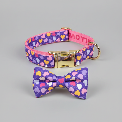 Dog collar and bow tie set with heart pattern on a gray background