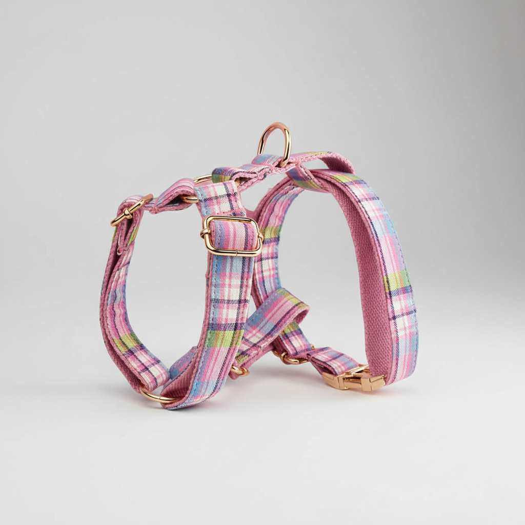 Plaid dog harness with gold hardware on a light gray background