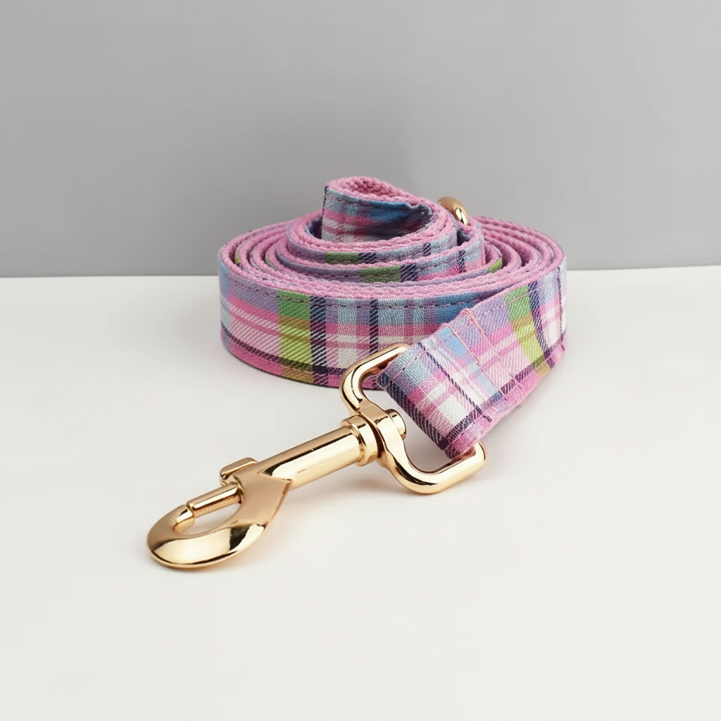 Plaid dog leash with gold clip on a white surface