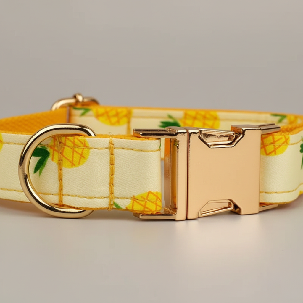 Dog collar with pineapple pattern and gold buckle on a neutral background