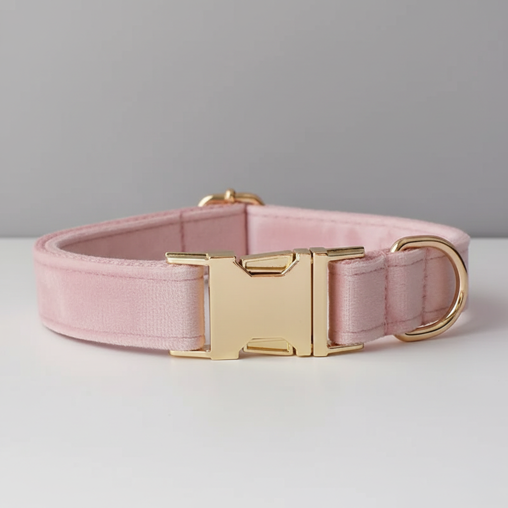 Pink dog collar with a gold buckle on a light gray background