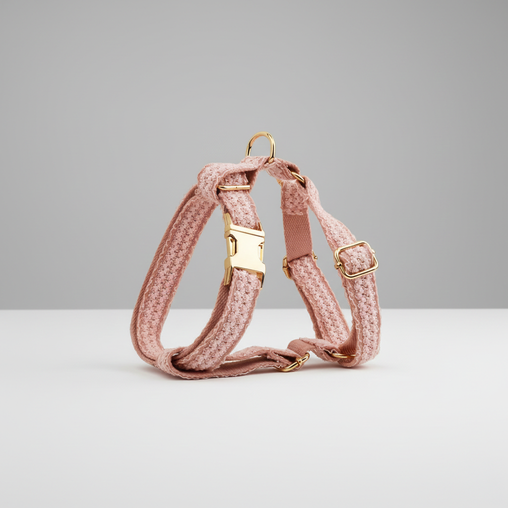 Pink dog harness with gold hardware on a light gray background
