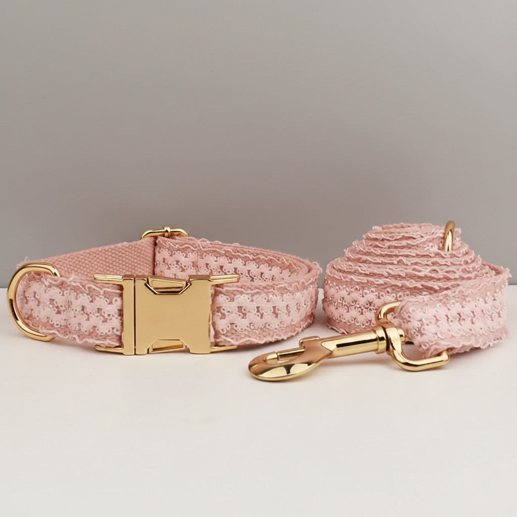 Pink dog collar and leash set with gold hardware on a neutral background