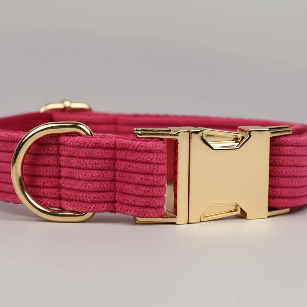 Pink dog collar with a gold buckle on a gray background