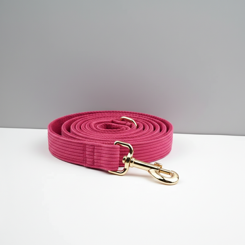 Pink dog leash with gold clasp on a white surface and gray background