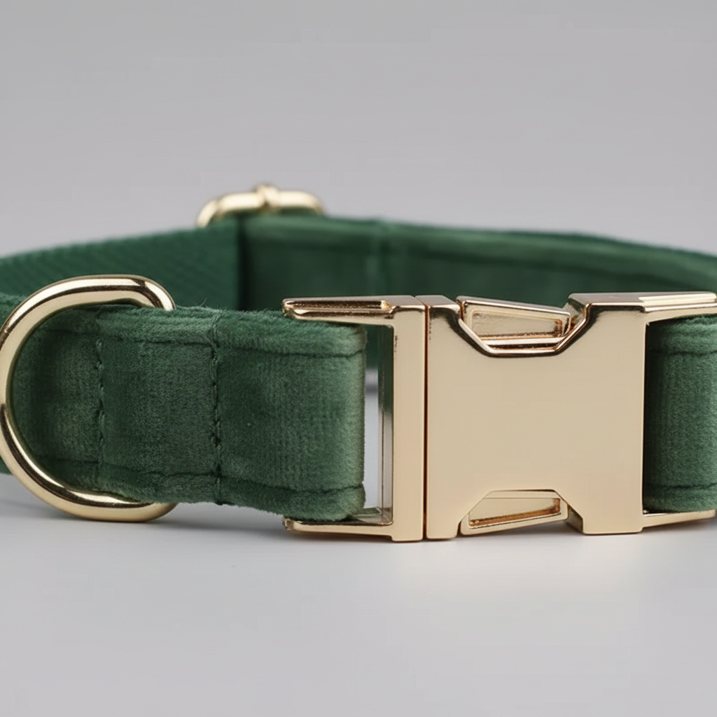 Green dog collar with gold buckle on a gray background