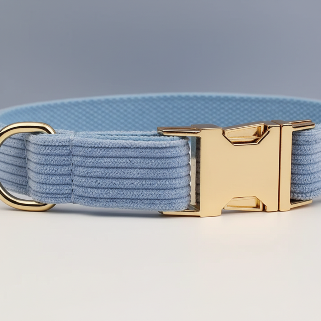 Blue dog collar with a gold buckle on a light gray background