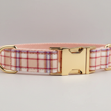 Dog collar with plaid pattern and gold buckle on a light gray background