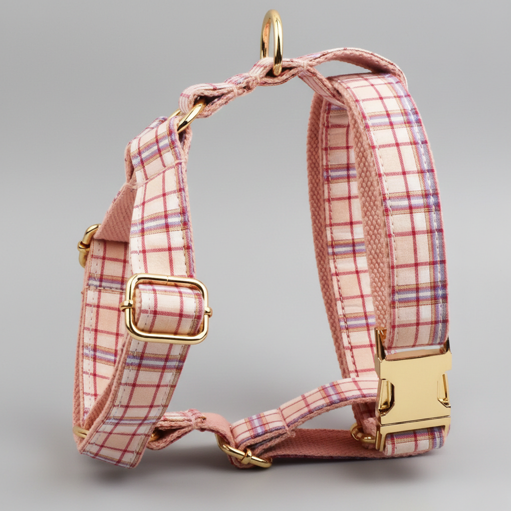 Pink plaid dog harness with gold hardware on a gray background