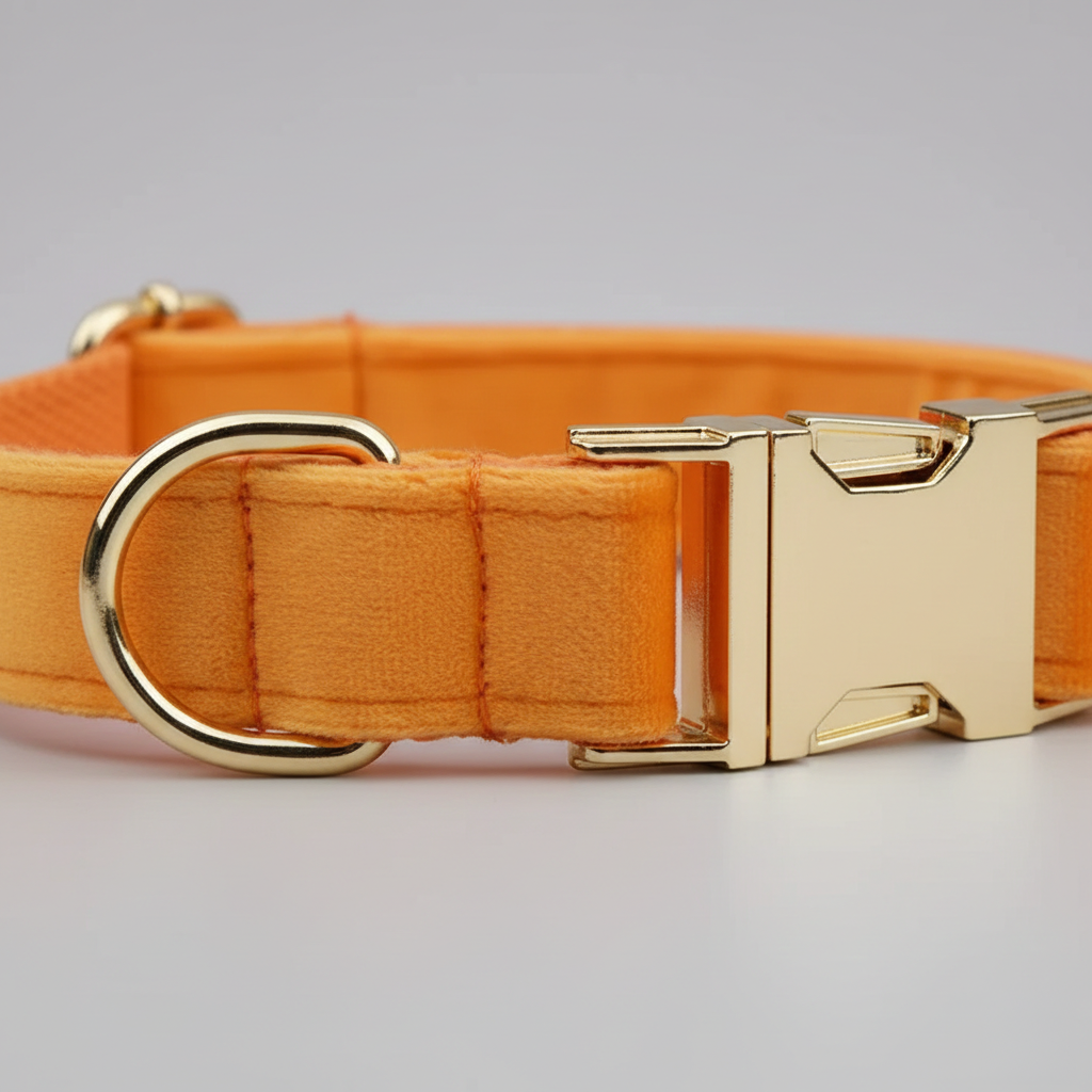 Orange dog collar with gold hardware on a light gray background