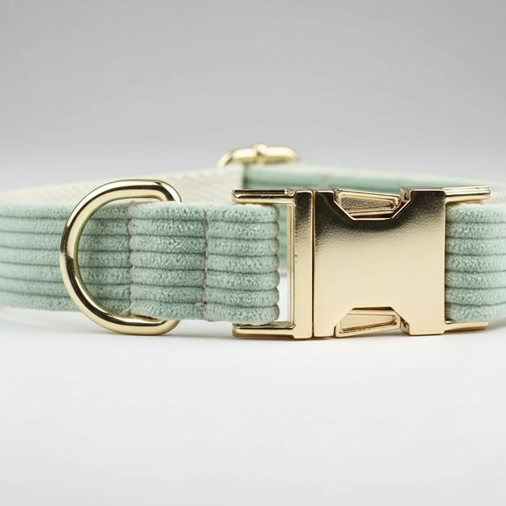 Light green dog collar with gold buckle on a light gray background