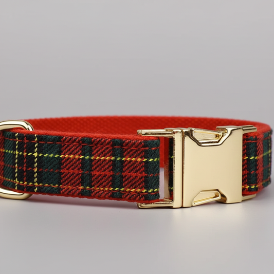 Red and green plaid dog collar with a gold buckle on a gray background
