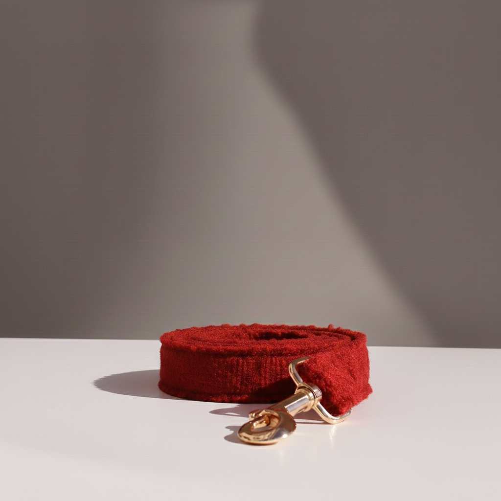 Red dog leash with a gold clasp on a white surface and gray background