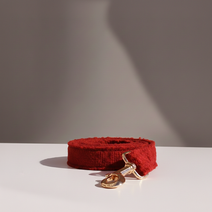 Red dog leash with a gold clasp on a white surface and gray background