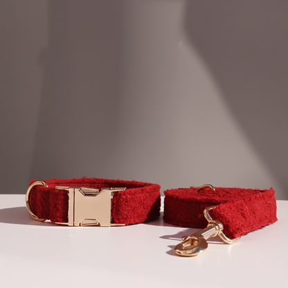 Red dog collar and leash with gold hardware on a light surface.