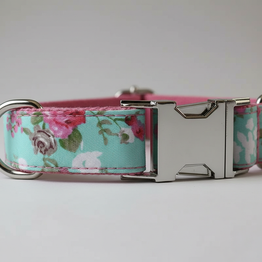 Floral-patterned dog collar with a metal buckle on a light gray background
