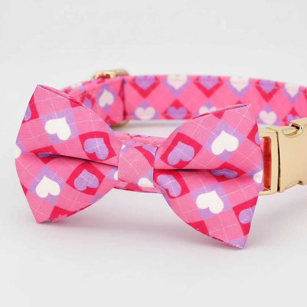Pink heart-patterned bow tie and collar set on a light gray background
