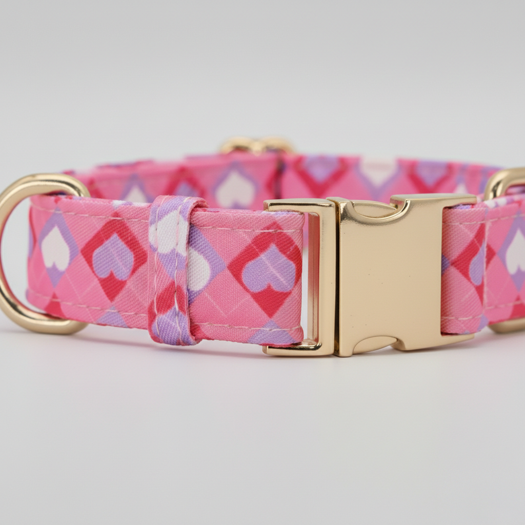 Pink dog collar with heart pattern and gold buckle on a light gray background