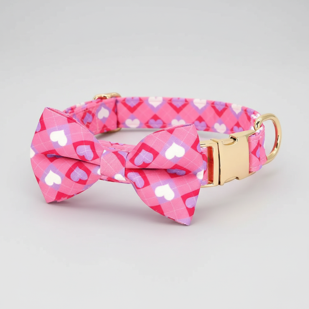 Pink dog collar with a bow tie and gold buckle on a light gray background