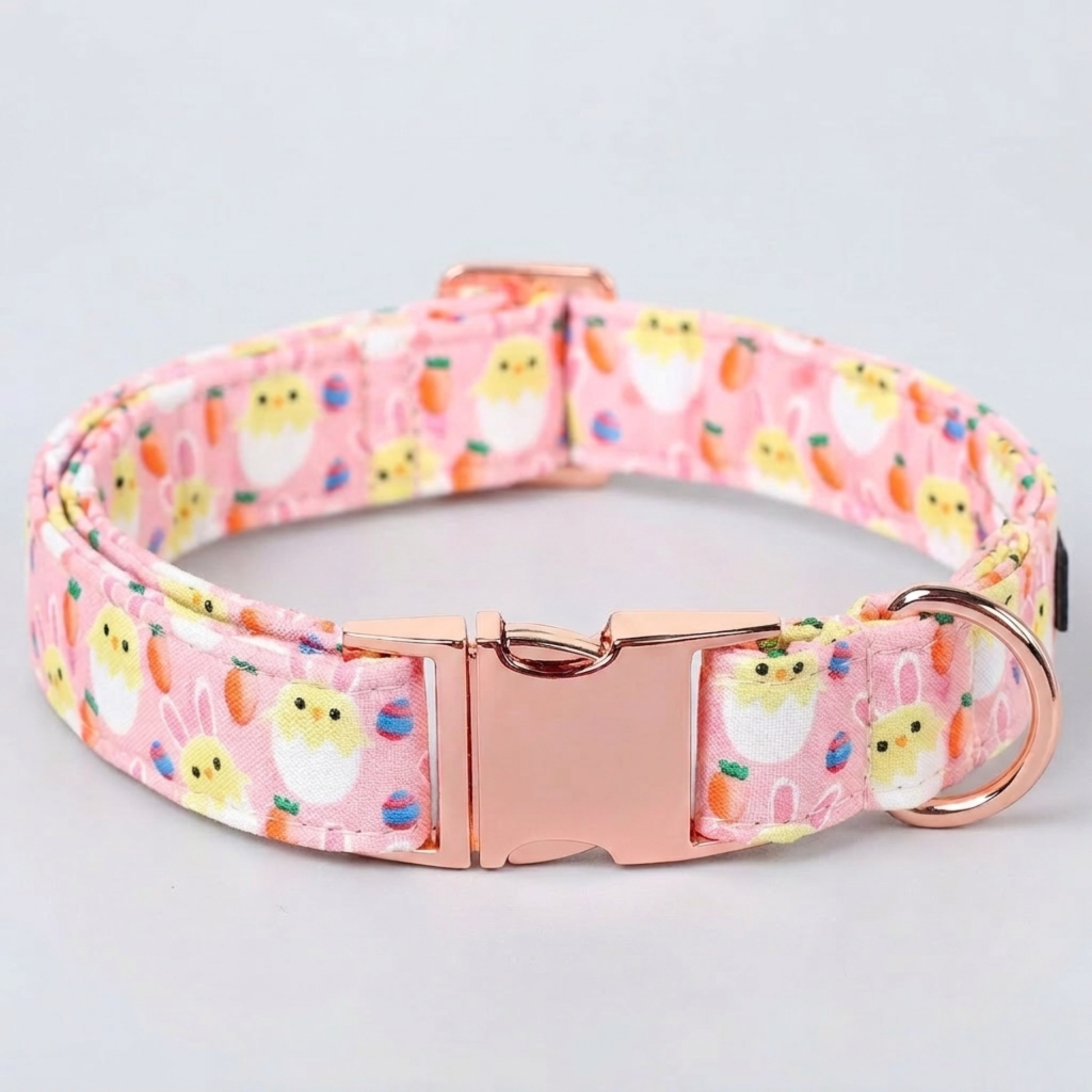 Dog collar with Easter-themed design on a light gray background