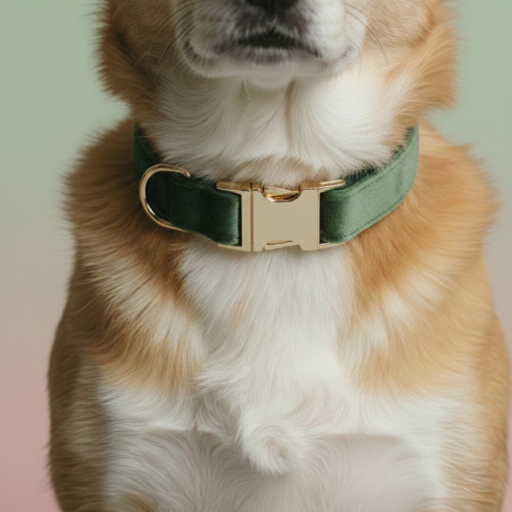 Dog wearing a green collar with a gold buckle on a blurred background