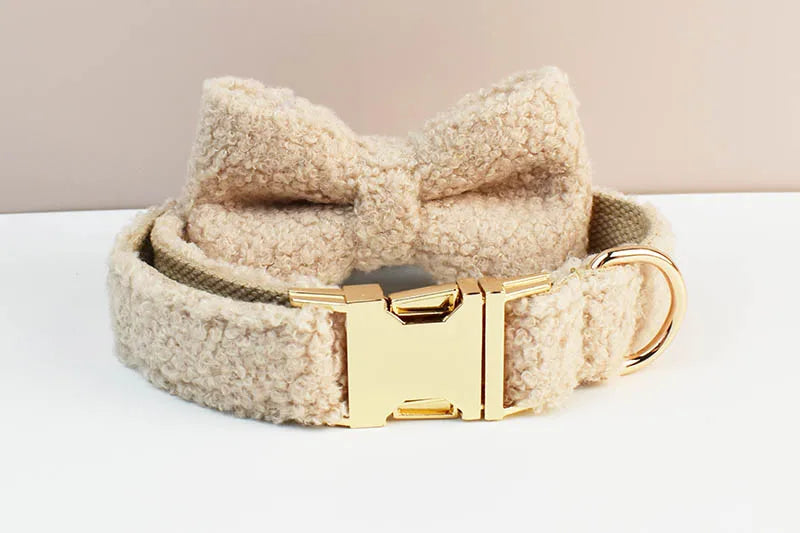 Dog collar with a bow and gold buckle on a white surface