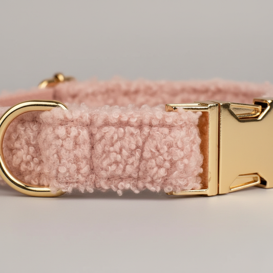 Pink textured dog collar with gold buckle on a light gray background