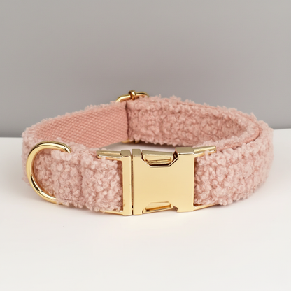 Pink dog collar with gold buckle on a white surface