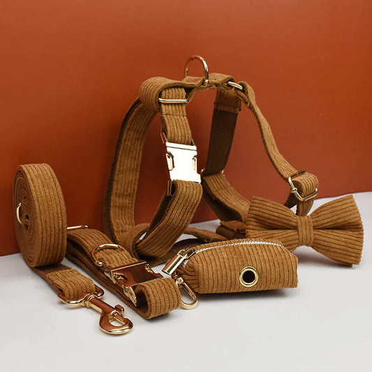 Brown dog harness, leash, and bow tie set on a white surface with a brown background
