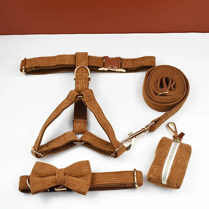 Brown dog harness, collar, bow tie, leash, and poop bag set on a white background