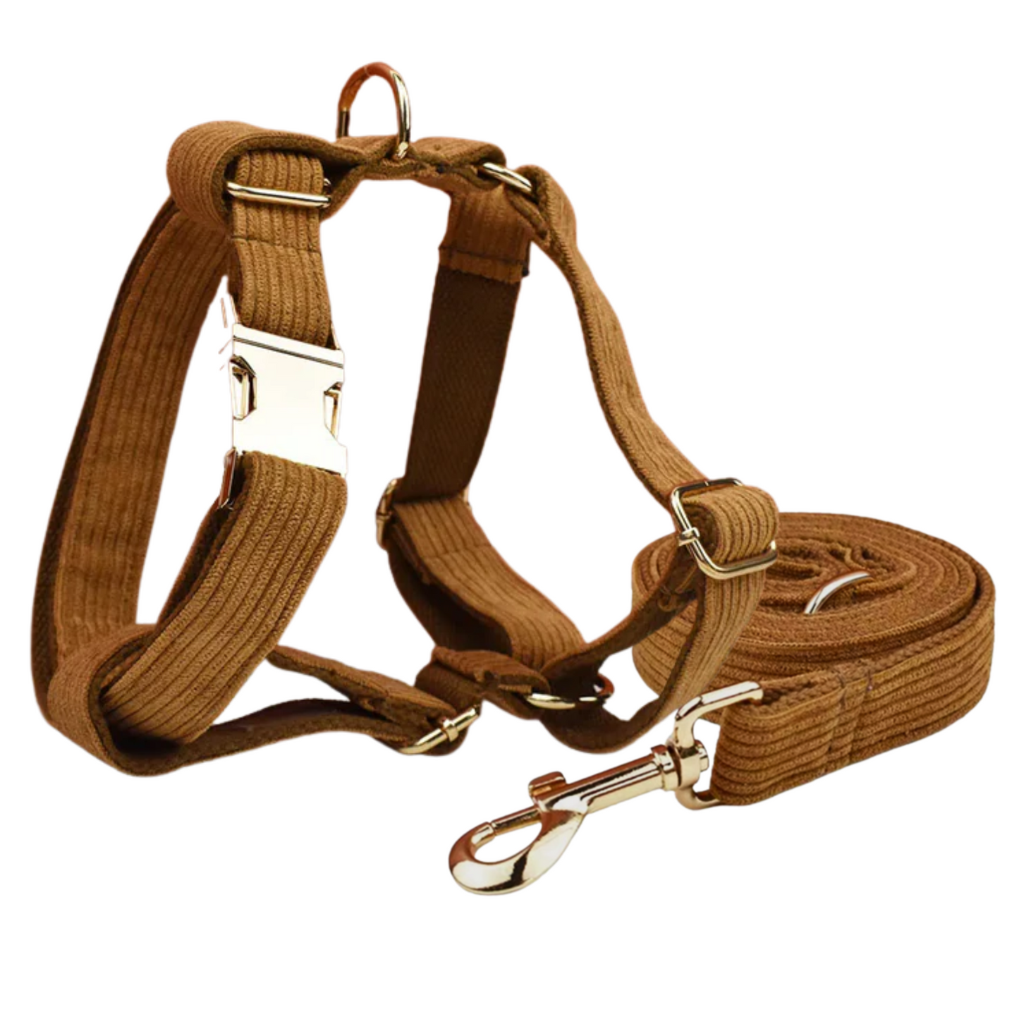 Brown dog harness and leash set on a white background