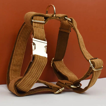 Brown dog harness with gold hardware on a white surface against a brown background