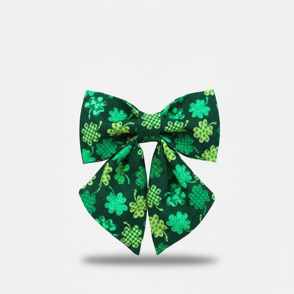 Green bow with shamrock pattern on a white background