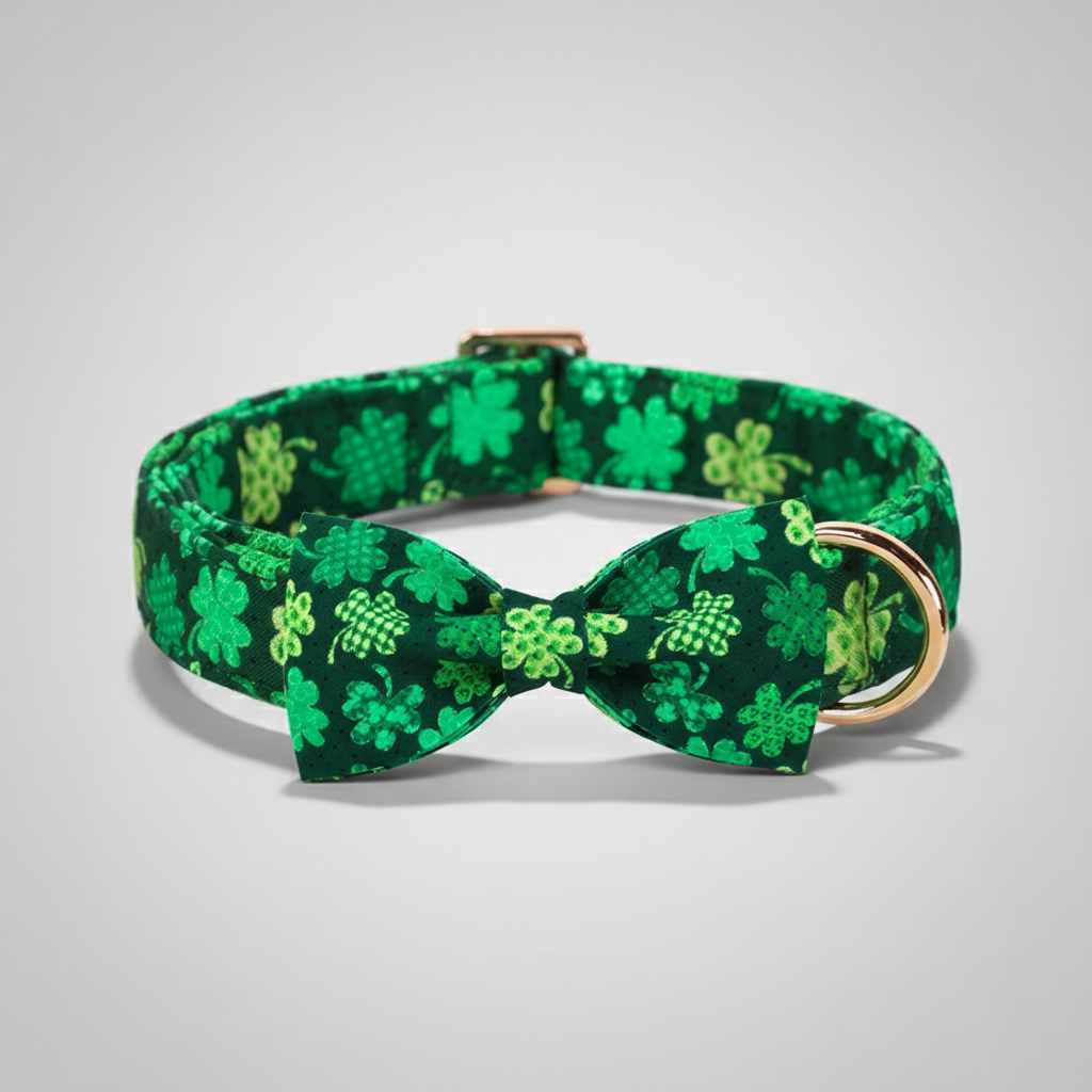 Green dog collar with shamrock pattern on a gray background