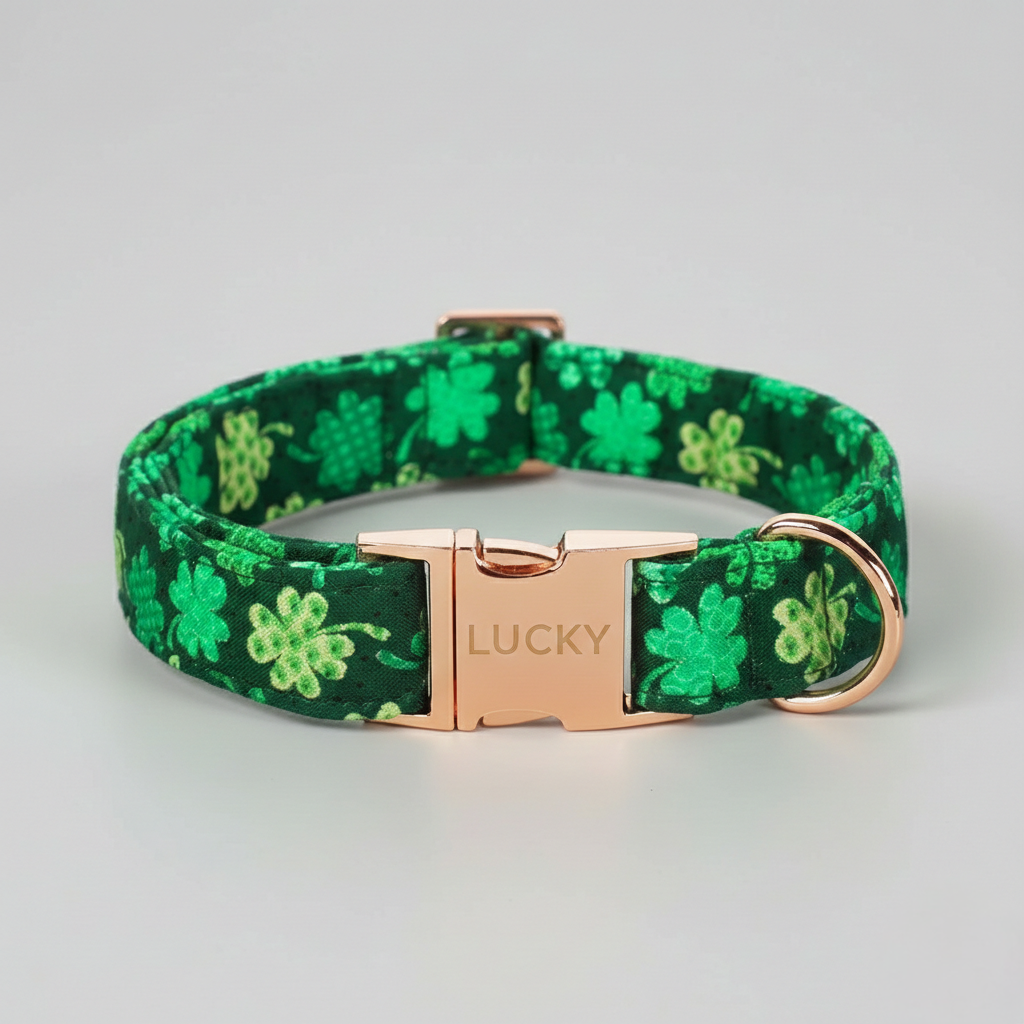 Green floral patterned dog collar with 'Lucky' buckle on a light gray background