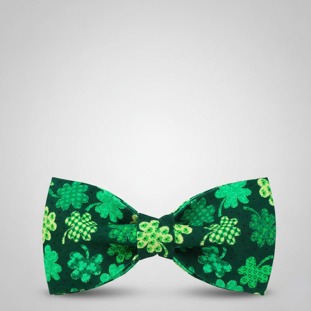 Green bow tie with clover pattern on a light gray background