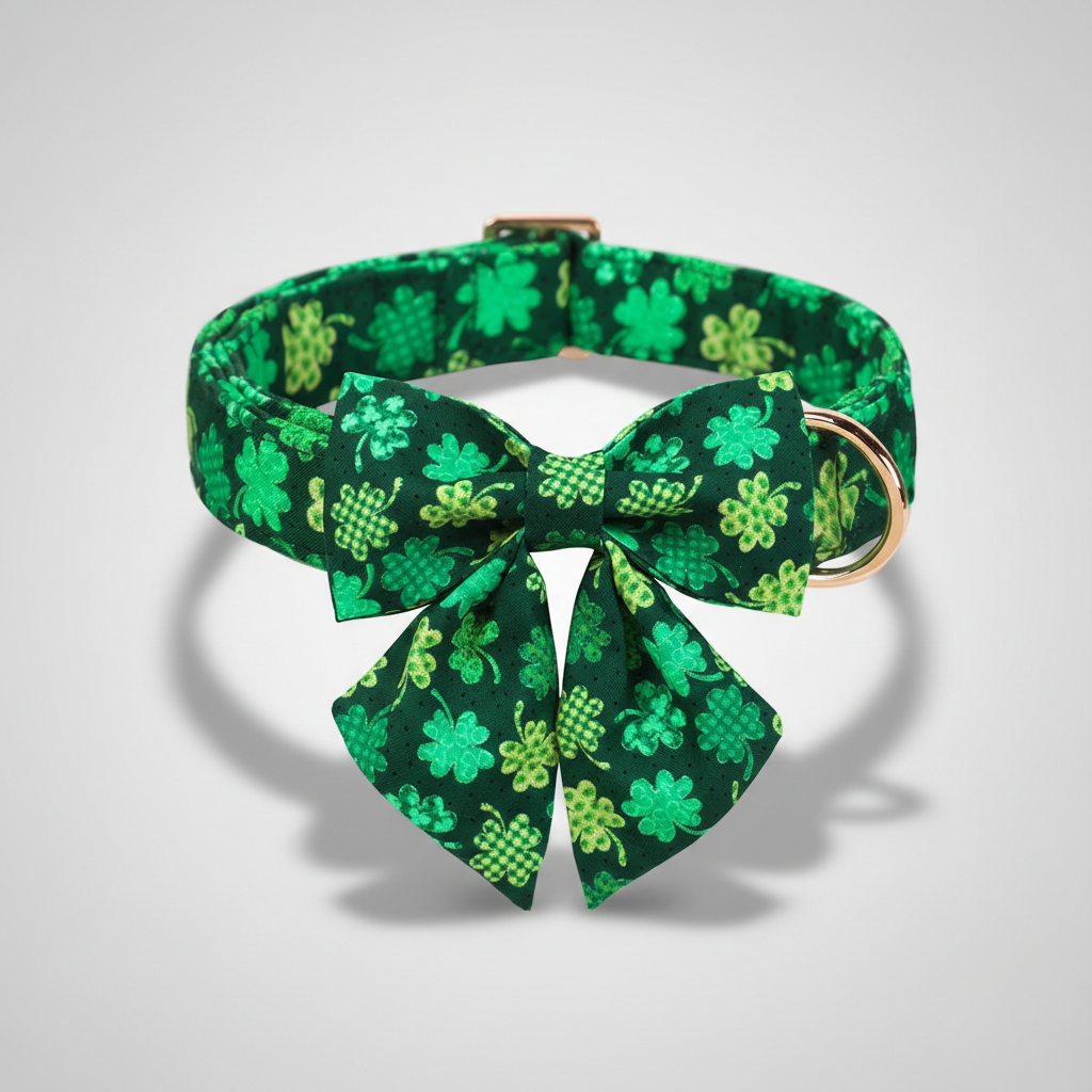 Green dog collar with a large bow tie featuring shamrock patterns on a light gray background