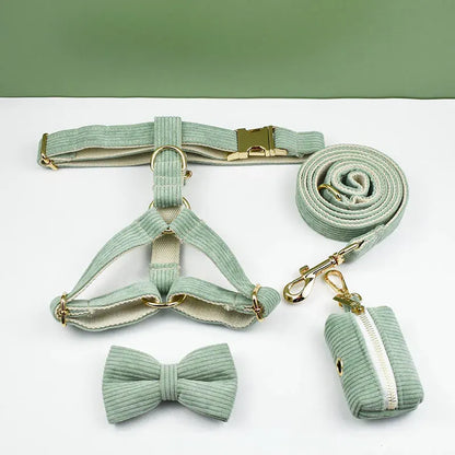 Mint green pet harness, bow, leash, and poop bag set on a white background