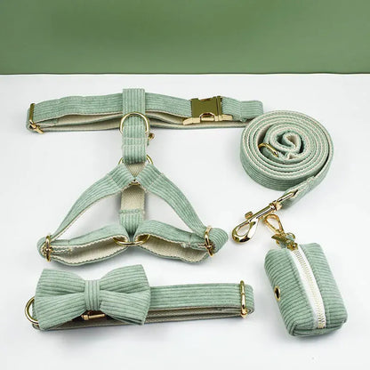 Pet accessory set including harness, collar, bow, leash, and poop bag on a white background.