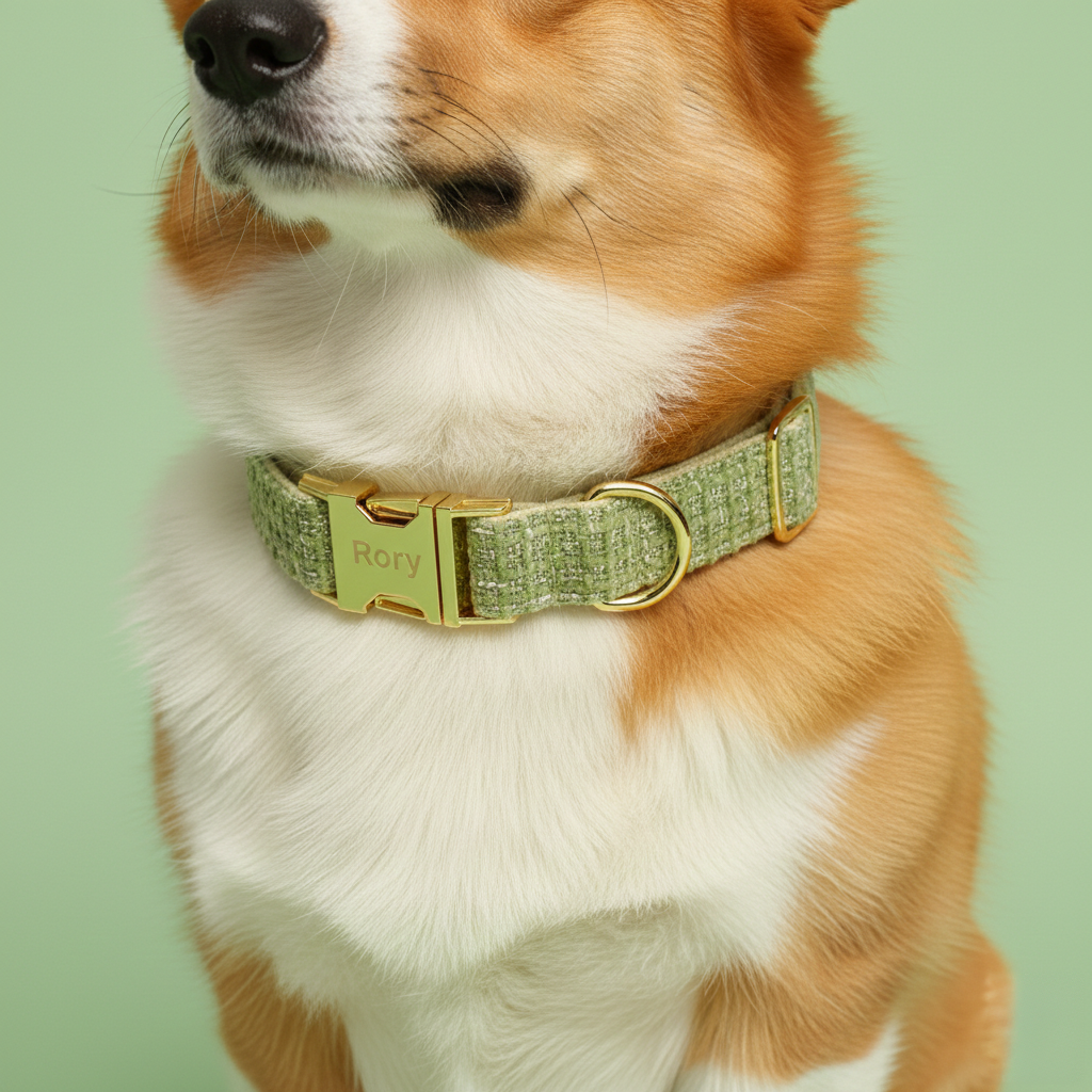 Dog wearing a green collar with a gold buckle on a light green background