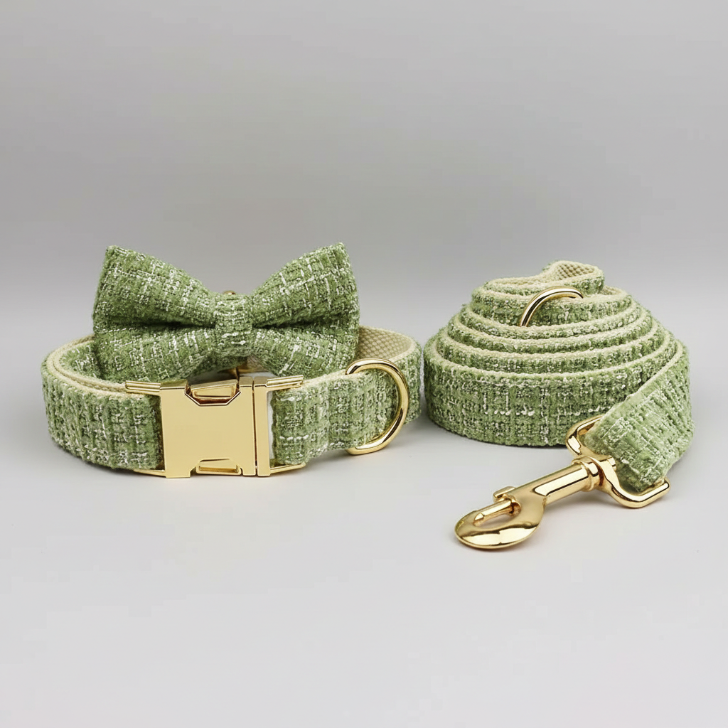Green textured dog collar and leash set with gold hardware on a gray background