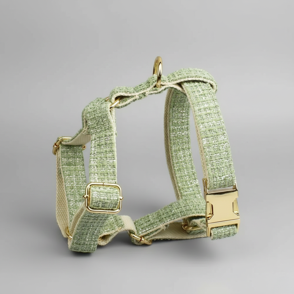 Green dog harness with gold hardware on a gray background