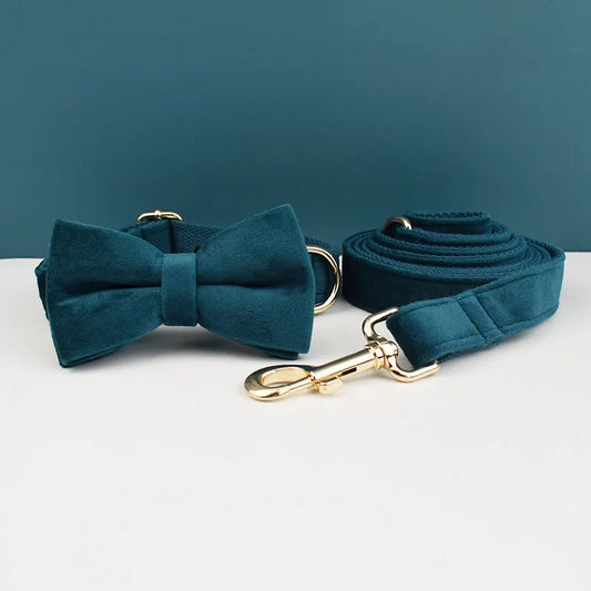 Teal dog collar with bow tie and matching leash on a white surface with teal background