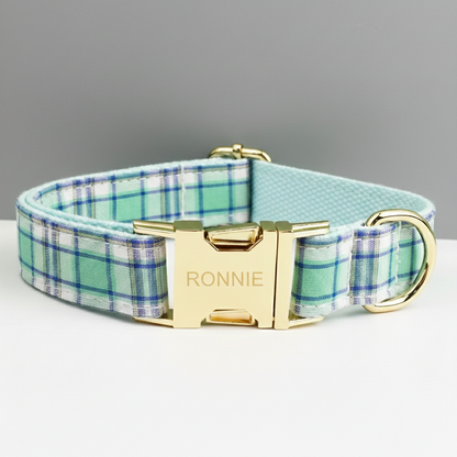 Dog collar with plaid pattern and gold buckle on a gray background
